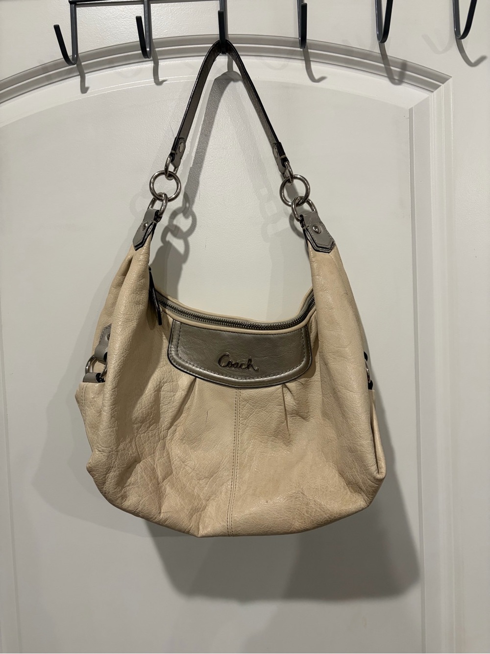 Coach Ashley Cream Leather Hobo with Metallic Trim and Dark Handles